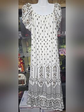 #38 Boho White Floral Maxi Dress with Puff Sleeves